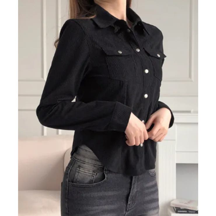 ブラック | コンパクト コーデュロイラウンドヘムシャツ | VIVID LADY