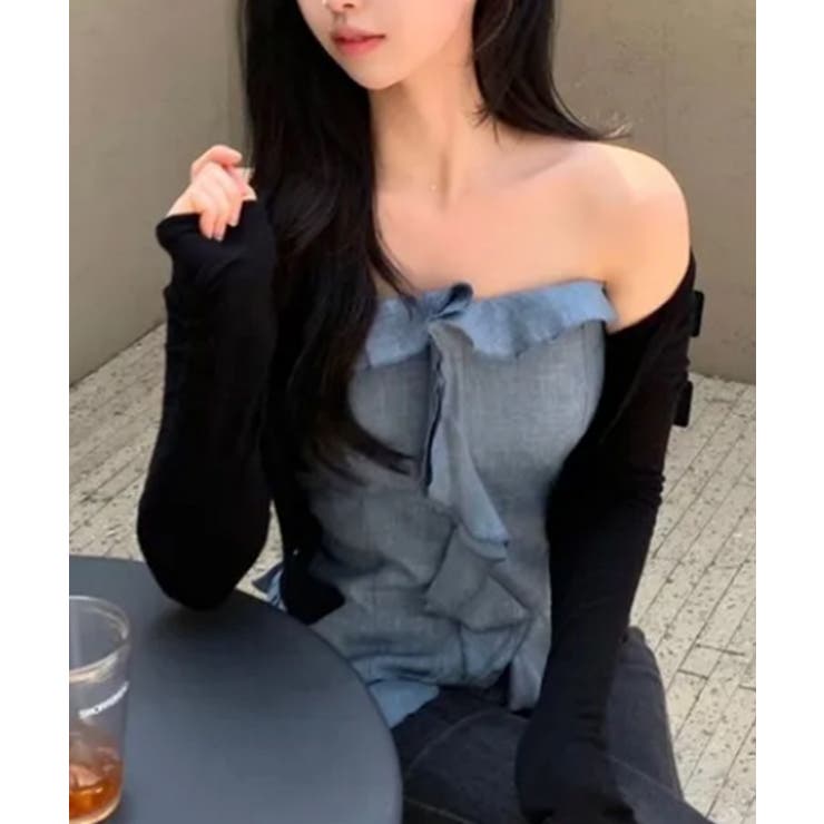 ブルー | フリルデザイン カップ付き ベアトップ ビスチェ | VIVID LADY