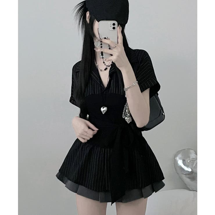 ブラック | ストライプシャツxチューブトップ レイヤード風 半袖トップス | VIVID LADY