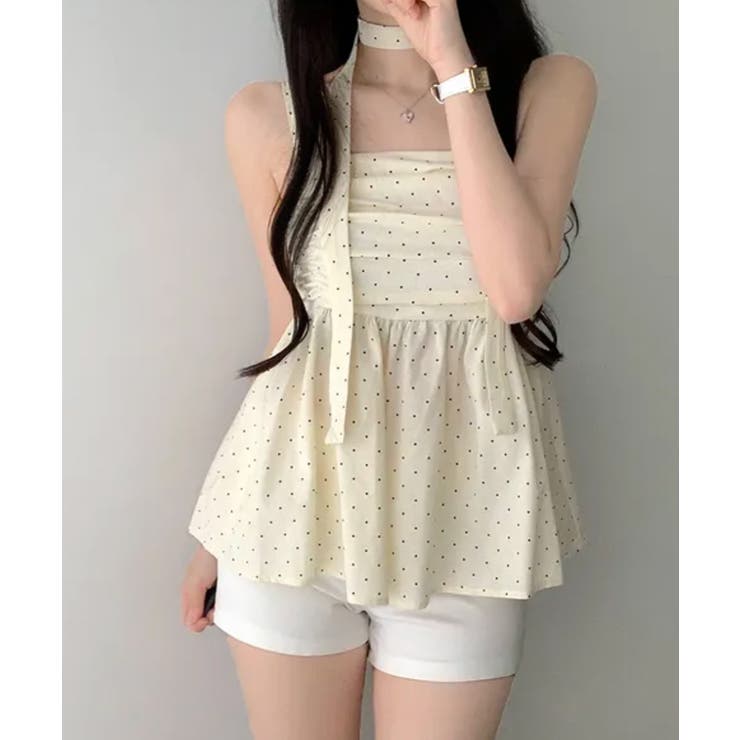 クリーム | チョーカー付き ドットペプラムキャミトップス | VIVID LADY