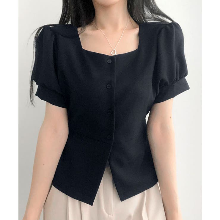 ブラウス シャツ アシメスクエアネックウエストリボンサテンブラウス レディース Achic tシャツ スクエアネック胸リボンブラウス レディース