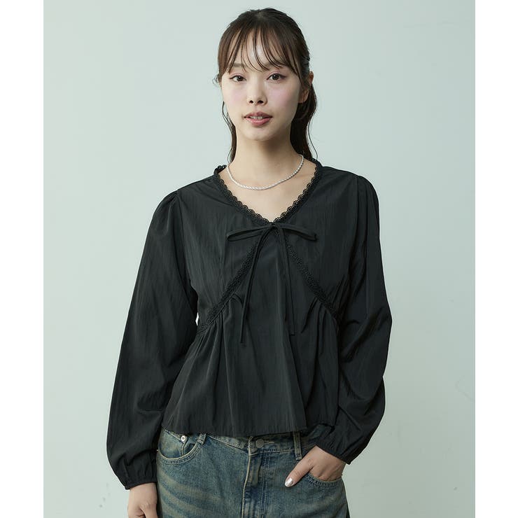 ブラック | レースリボンプルオーバーブラウス | VIVID LADY