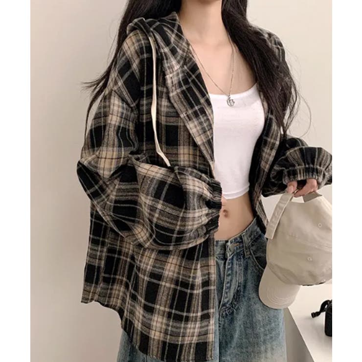 ブラック | フード付きチェックシャツ | VIVID LADY