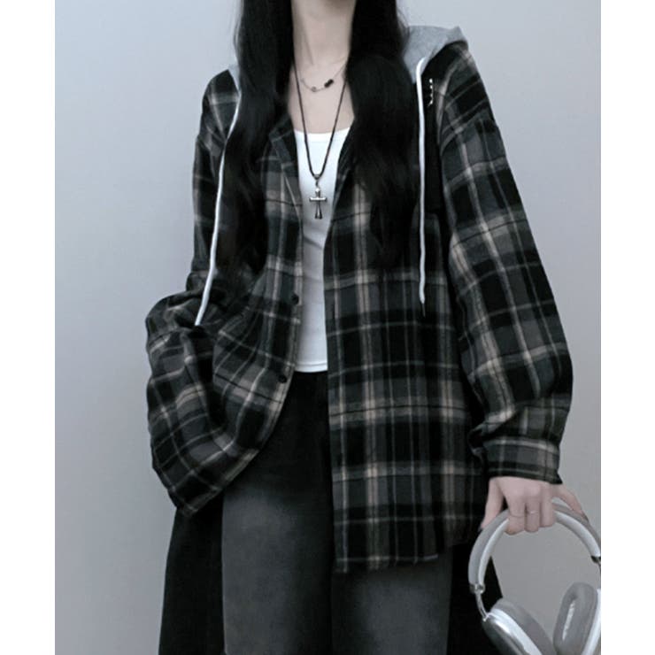 フード付きオーバーサイズチェックシャツ | VIVID LADY | 詳細画像1 