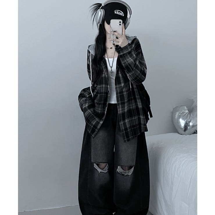 フード付きオーバーサイズチェックシャツ | VIVID LADY | 詳細画像10 