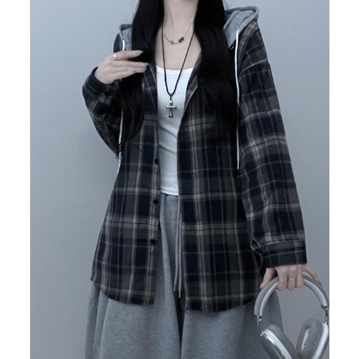 フード付きオーバーサイズチェックシャツ | VIVID LADY | 詳細画像12 