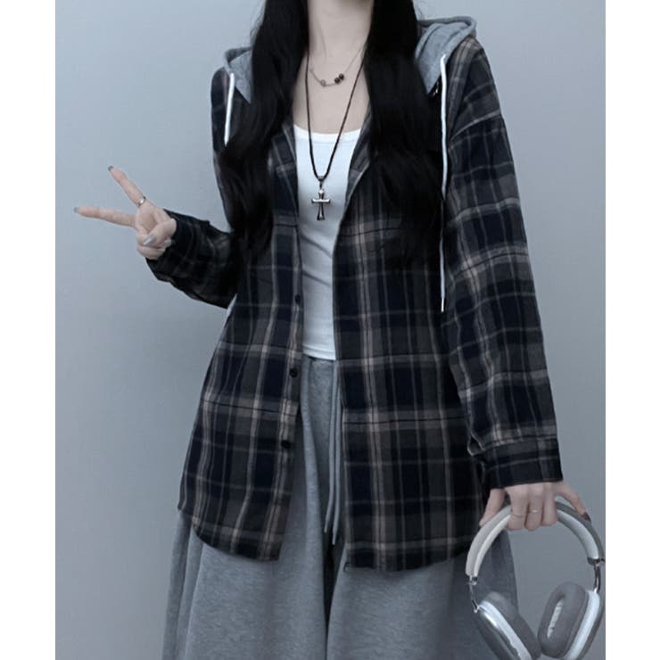 フード付きオーバーサイズチェックシャツ | VIVID LADY | 詳細画像13 