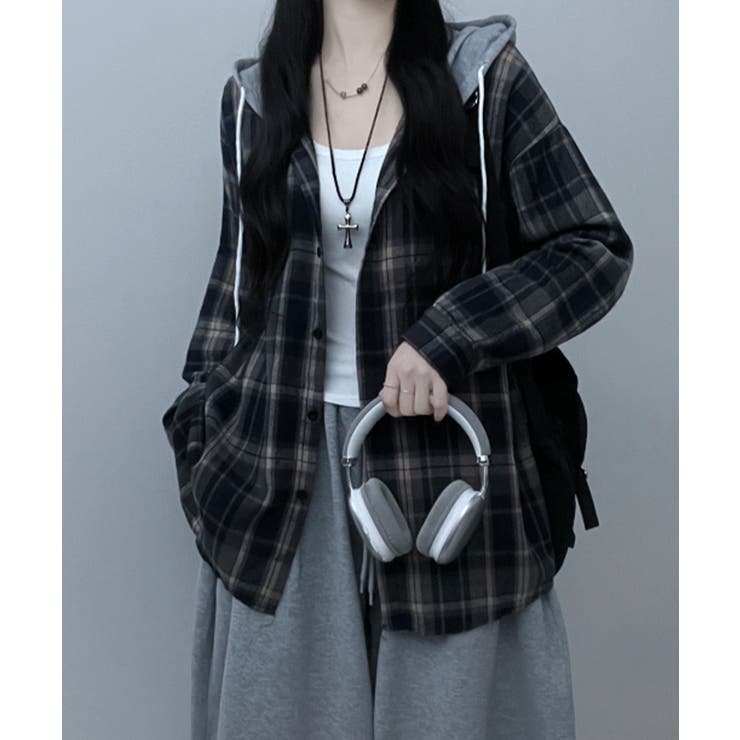 フード付きオーバーサイズチェックシャツ | VIVID LADY | 詳細画像15 