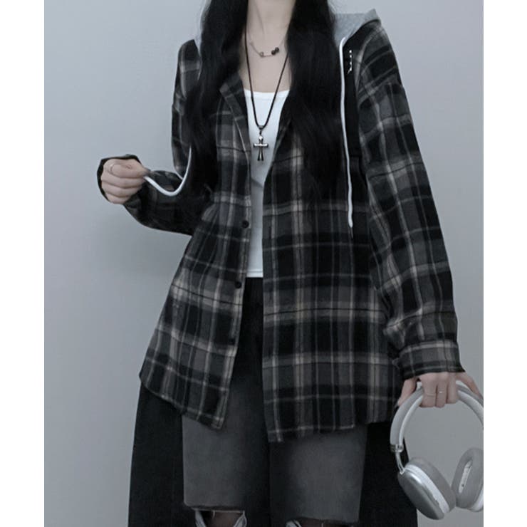 フード付きオーバーサイズチェックシャツ | VIVID LADY | 詳細画像3 