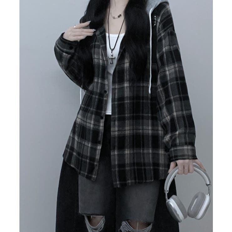 ブラック | フード付きオーバーサイズチェックシャツ | VIVID LADY