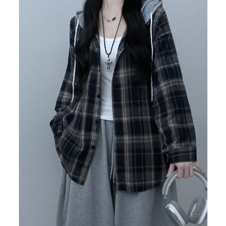 ネイビー | フード付きオーバーサイズチェックシャツ | VIVID LADY
