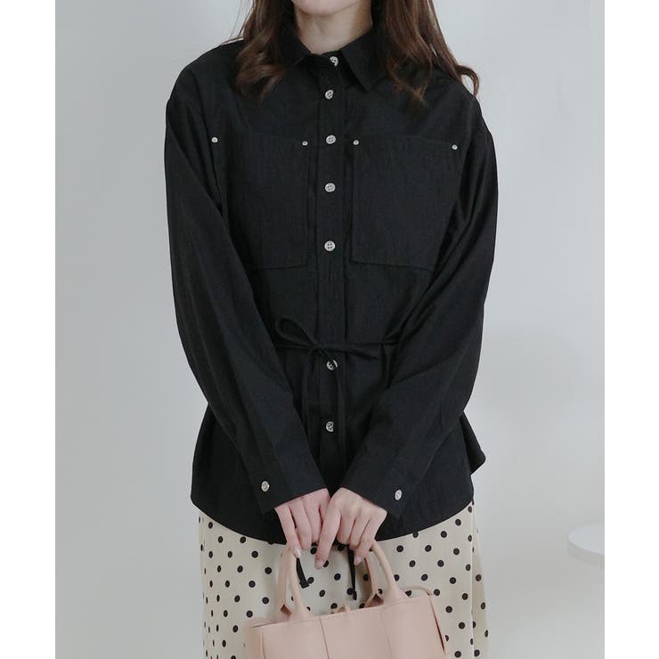 ブラック | シルバーボタン ウエスト紐付き カラーシャツ | VIVID LADY