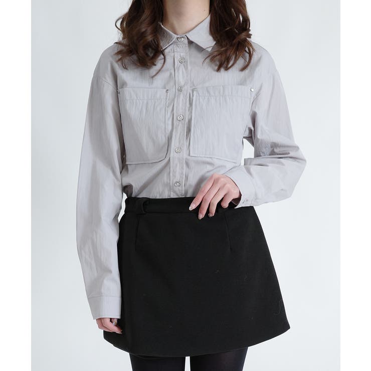 グレー | シルバーボタン ウエスト紐付き カラーシャツ | VIVID LADY