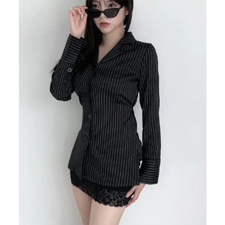 ブラック | バックレースアップ 3WAYロングストライプシャツ | VIVID LADY