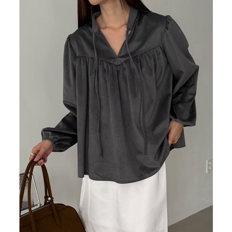 チャコールグレー | ギャザーボリュームスリーブブラウス | VIVID LADY