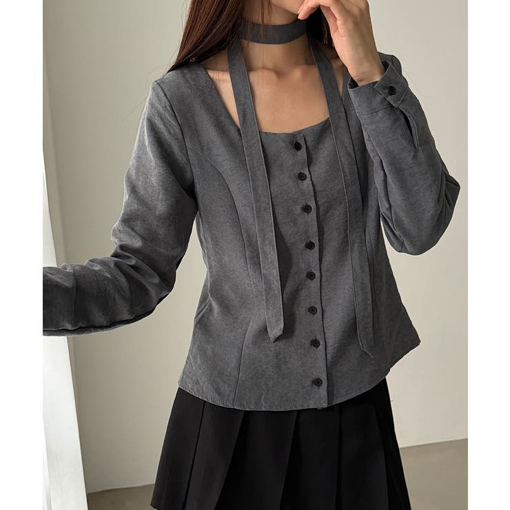 グレー | スエードタッチ スクエアネック 2WAYブラウス | VIVID LADY