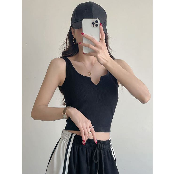 VIVI♡POPO　リブ編み ブラック タンクトップおまとめ商品 Vネックリブブラトップ クロップド丈 タンクトップ[品番