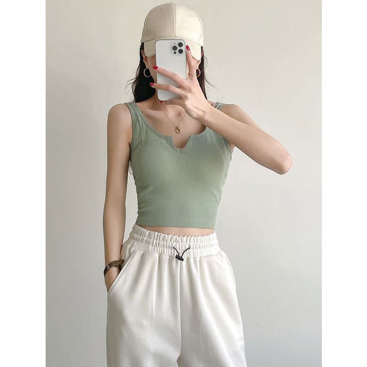 Vネックリブブラトップ クロップド丈 タンクトップ[品番