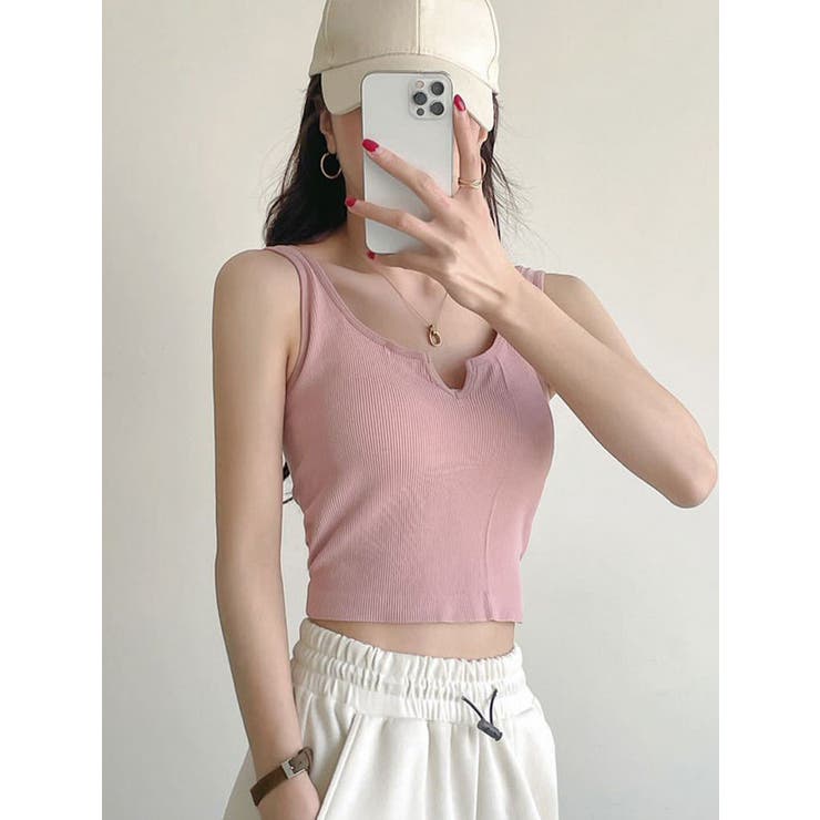 Vネックリブブラトップ クロップド丈 タンクトップ[品番