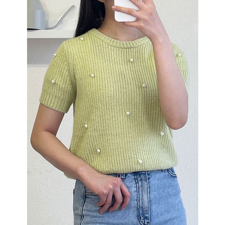 超安い品質 パール付きニットセーター 半袖 レディース[品番：KH000013574 トップス
