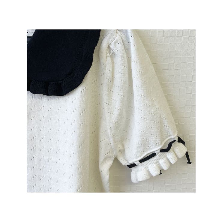 襟付きリボン半袖ニット ボタン付き ニットセーター[品番