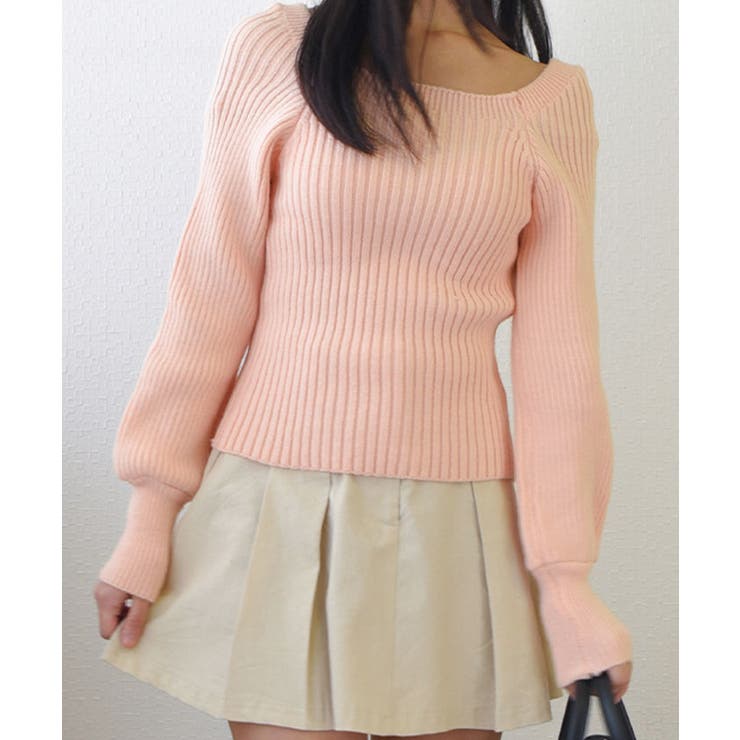 パフスリーブ ピンクニットトップス