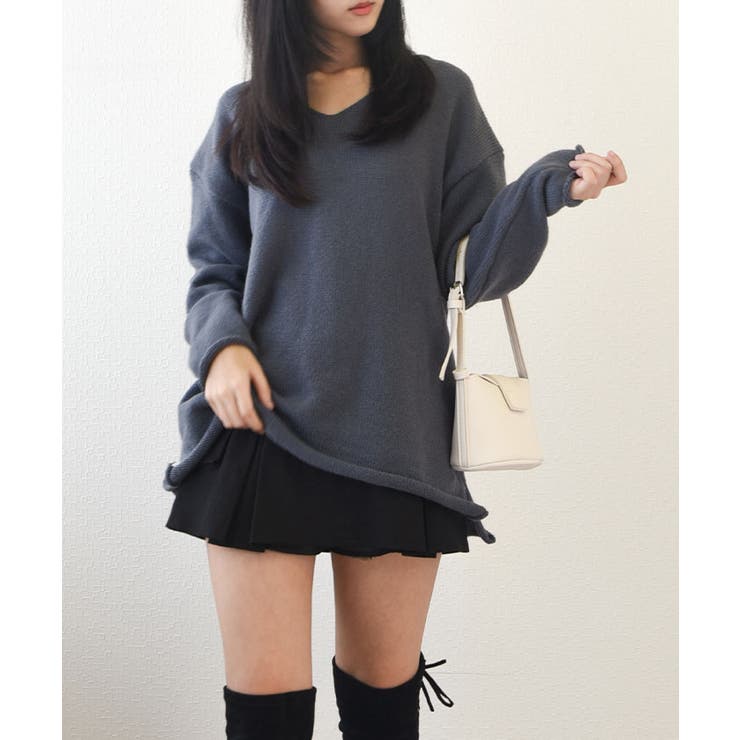【美品✨】かぐれ　Vネックニットプルオーバー　ダークグレー　ゆったり SAISON DE PAPILLON ニット セーター 畦編み深みVネックニット