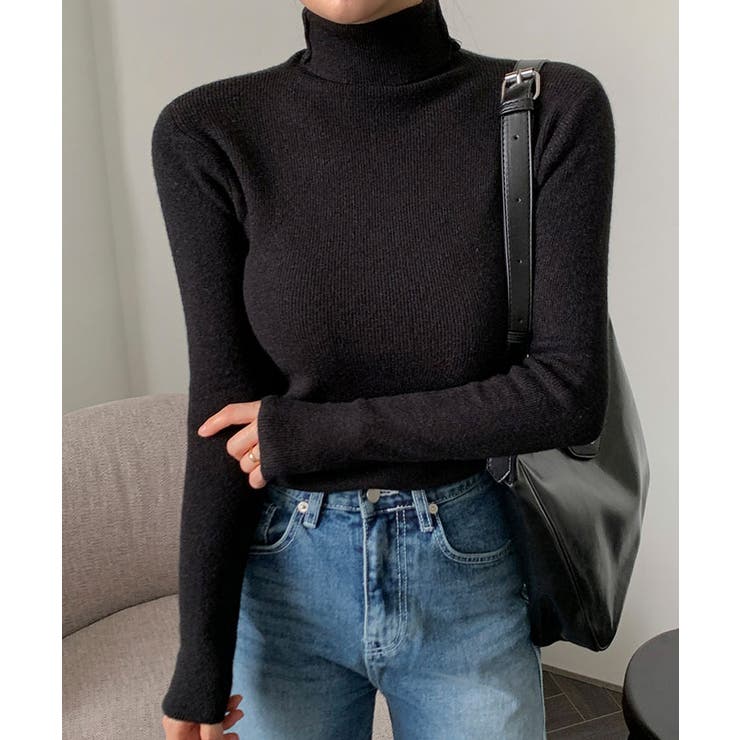 ブラック | タートルネックリブニットT ニットセーター レディース | VIVID LADY