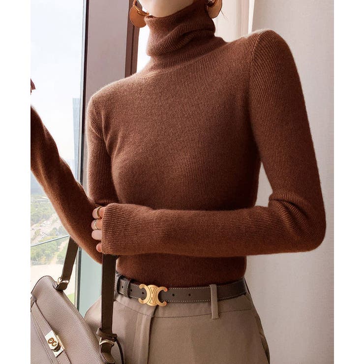 ブラウン | タートルネックリブニットT ニットセーター レディース | VIVID LADY