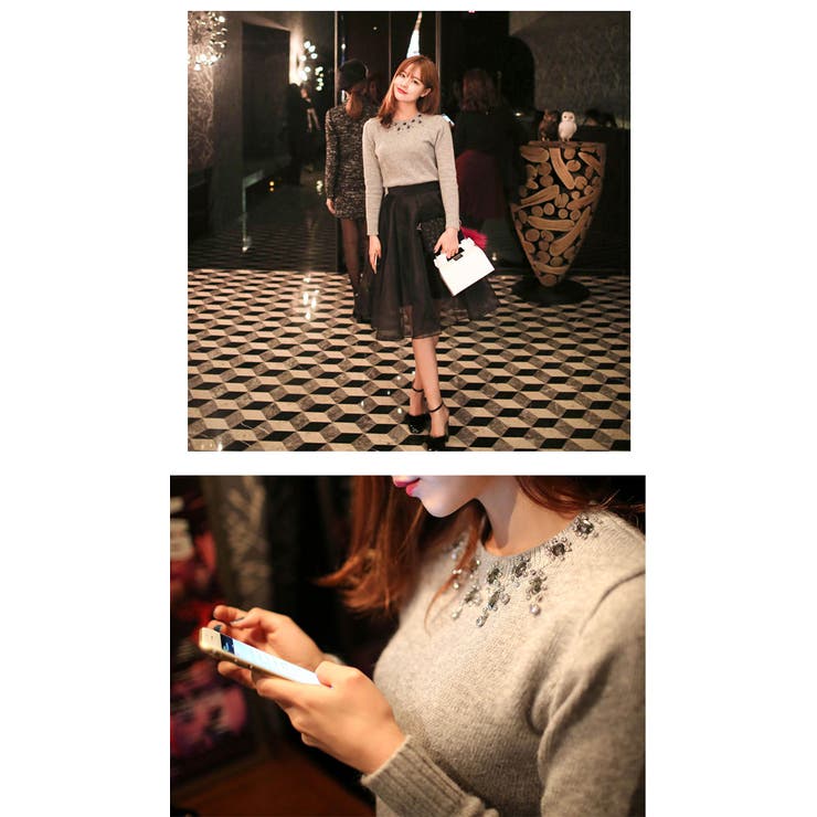 パール付きニット パール付きニット大人かわいい トップス[品番