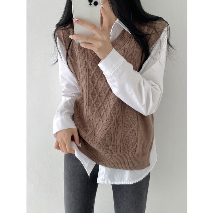 ニットベスト レディース ケーブルニットベスト[品番