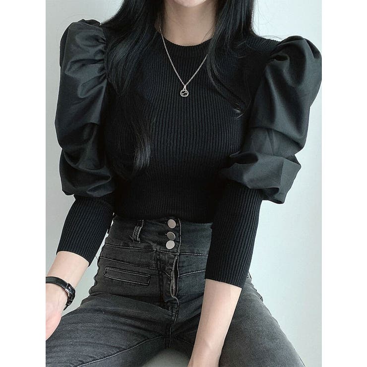 【美品】ANAYI 25SS 今季 現行品ブラックパフスリーブニット 美品】ANAYI 25SS 今季 現行品ブラックパフスリーブニット