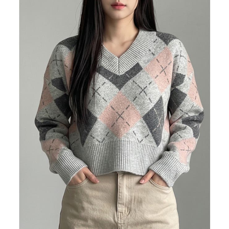vネックニットセーター アーガイル柄 レディース[品番：KH000011743