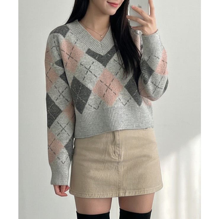 vネックニットセーター アーガイル柄 レディース[品番：KH000011743