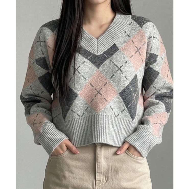 vネックニットセーター アーガイル柄 レディース[品番：KH000011743