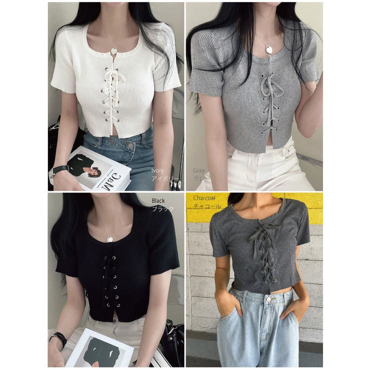 Tシャツ半袖レディース レースアップ半袖バレエコアリブニット クロップド丈[品番：KH000012142]｜VIVID  LADY（ビビッドレディー）のレディースファッション通販｜SHOPLIST（ショップリスト）