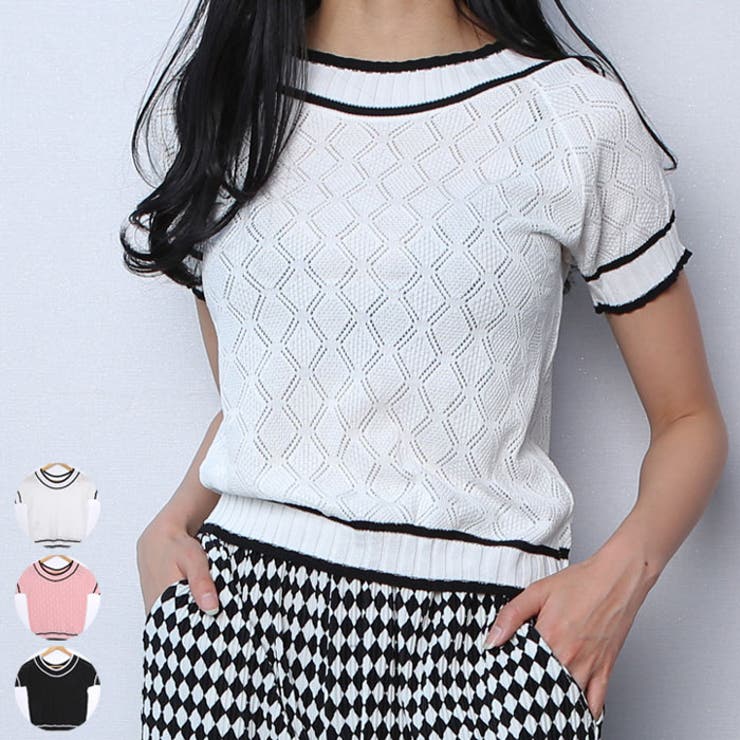 ダイヤ柄配色ボートネック半袖ニット ショート丈 トップス | VIVID LADY | 詳細画像1 