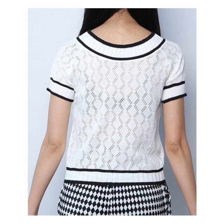 ダイヤ柄配色ボートネック半袖ニット ショート丈 トップス | VIVID LADY | 詳細画像4 