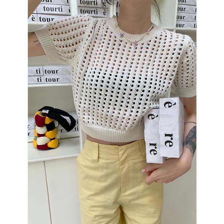 希少 美品【HYSTERICS】半袖 ニット 90's old y2k 短丈 襟付きパンチングニット クロップドニット 半袖ニット[品番