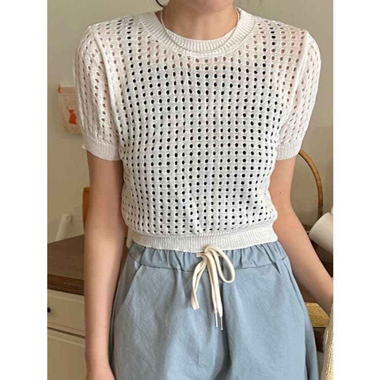 パンチングクロップニット半袖 y2k 夏ニット[品番：KH000012674