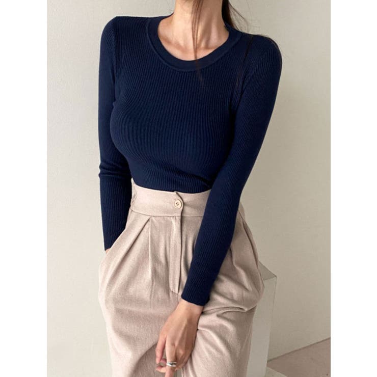 ネイビー | やわらかな肌触りリブニット レディース クルーネック | VIVID LADY