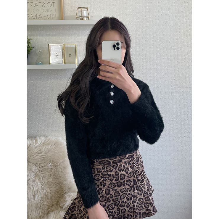 ふわふわ襟付きファーニット長袖 レディース Y2K[品番：KH000013153