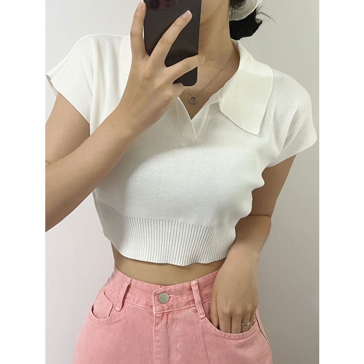 襟付きノースリーブニットクロップド 全4色 小さめ[品番