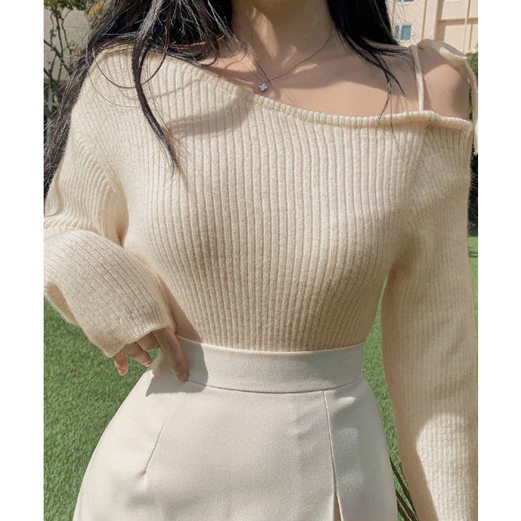 アイボリー | 肩開きリボンニット レディース 秋 | VIVID LADY