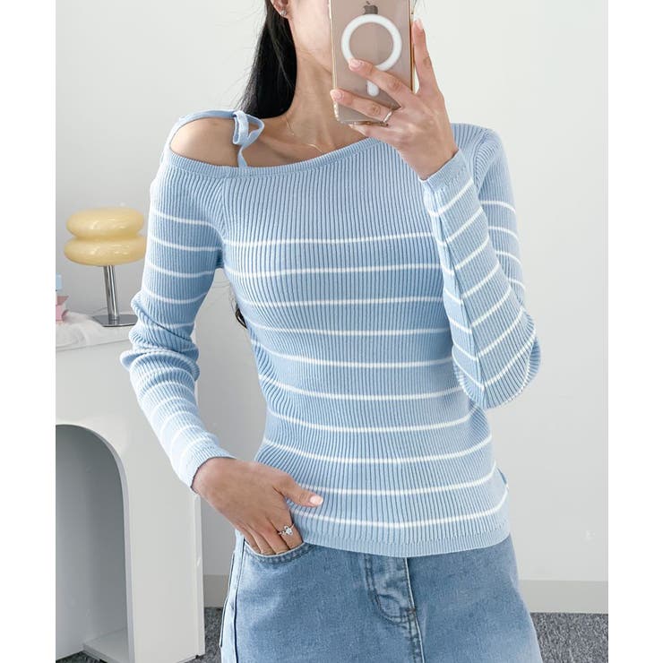 リボンワンショル ボーダーリブニット | VIVID LADY | 詳細画像1 