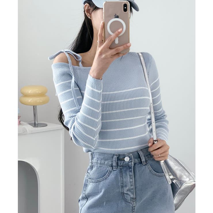 リボンワンショル ボーダーリブニット | VIVID LADY | 詳細画像3 