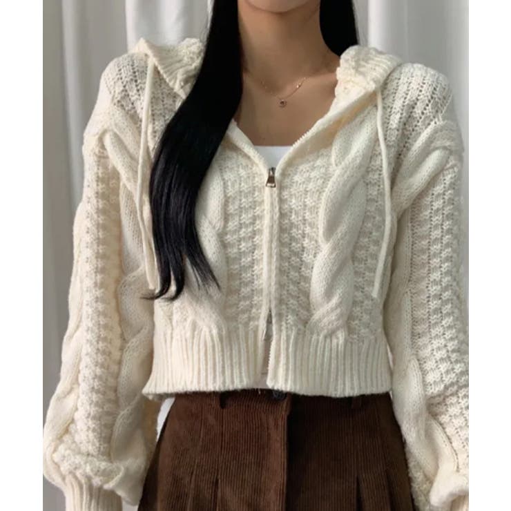 新品【Reneルネ】ウォッシャブル透かし編みダブルジップパーカー36 ケーブル編み クロップド丈 ダブルジップニットパーカー[品番