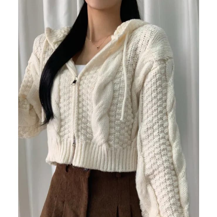 ケーブル編み クロップド丈 ダブルジップニットパーカー[品番