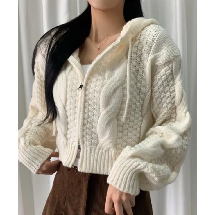 ケーブル編み クロップド丈 ダブルジップニットパーカー[品番