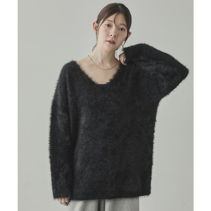 ブラック | アンゴラタッチVネックニットプルオーバー | VIVID LADY